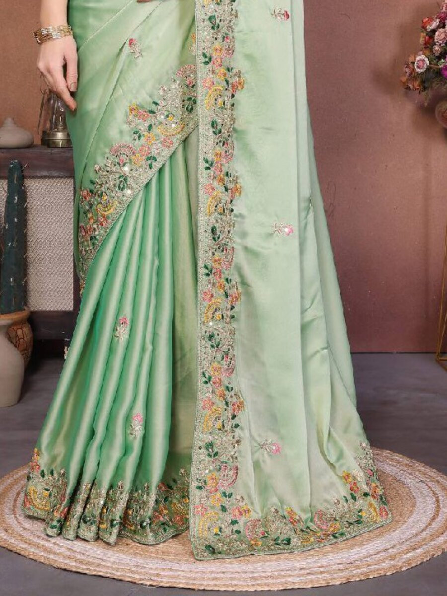 Green Soft Silk Embroidery Wedding Reception Party Festival Casual Heavy Border Sarees