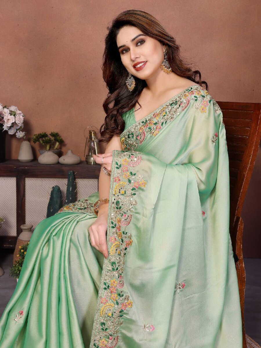 Green Soft Silk Embroidery Wedding Reception Party Festival Casual Heavy Border Sarees