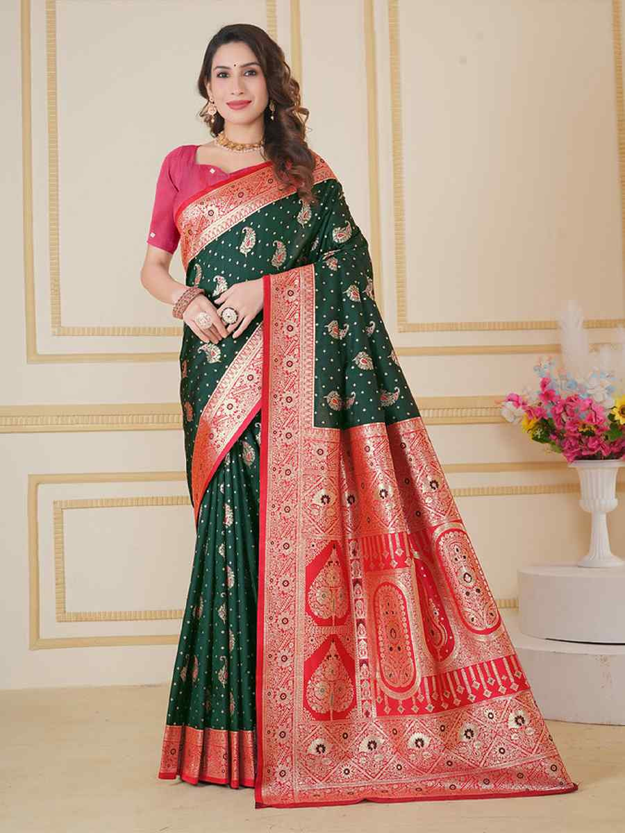Green Soft Silk Handwoven Festival Wedding Fancy Heavy Border Saree