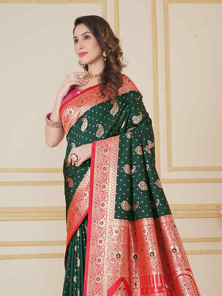 Green Soft Silk Handwoven Festival Wedding Fancy Heavy Border Saree