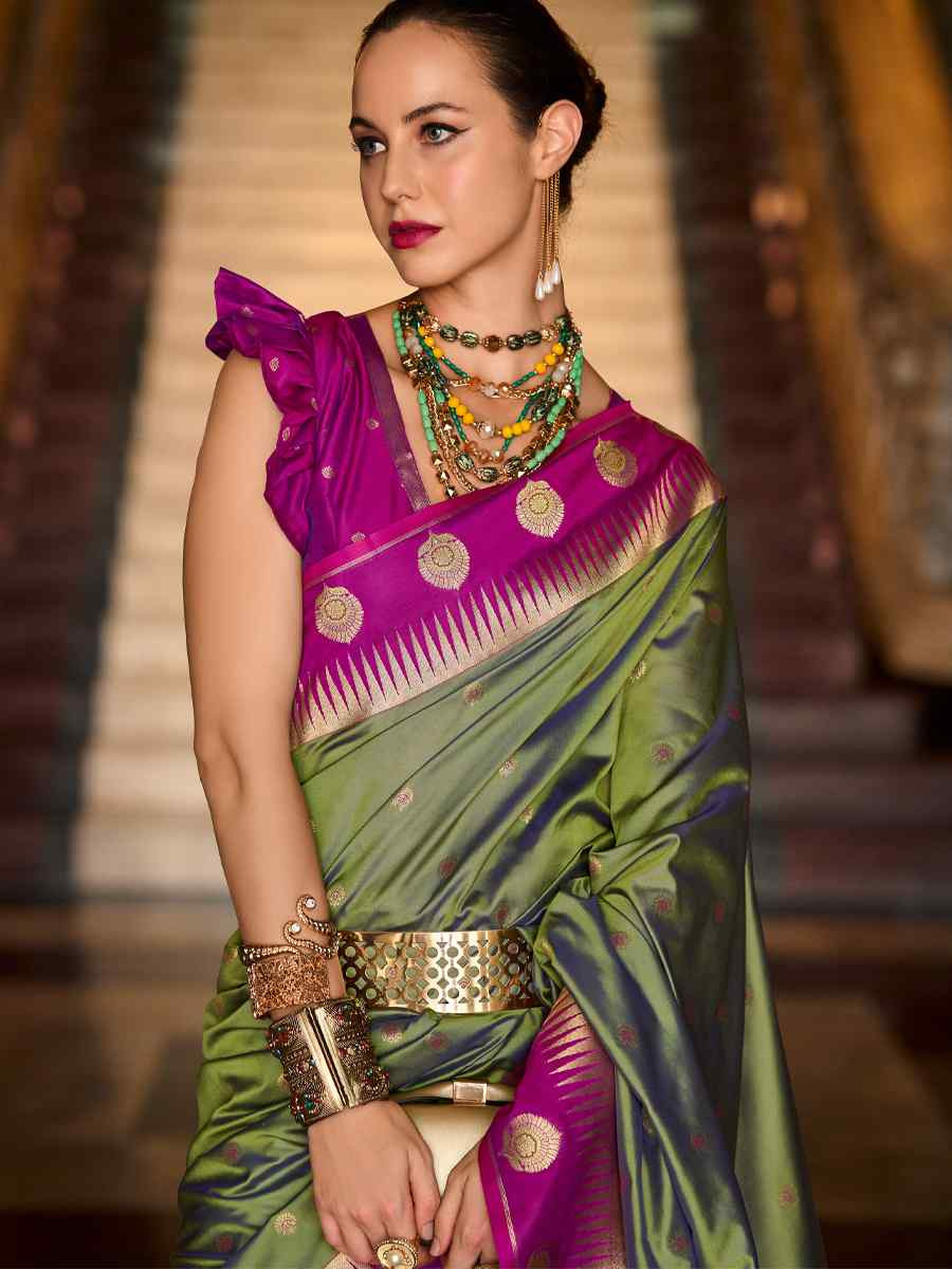 Green Soft Silk Handwoven Festival Wedding Fancy Heavy Border Saree