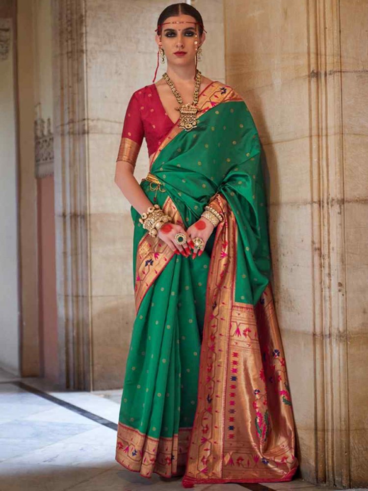 Green Soft Silk Handwoven Wedding Bridal Heavy Border Saree