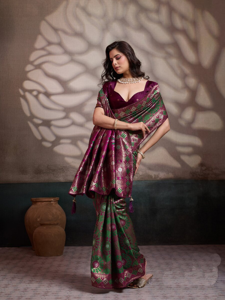 Image of Green Soft Silk Zari Meenakari Woven Work Wedding Reception Party Festival Casual Heavy Border Sarees