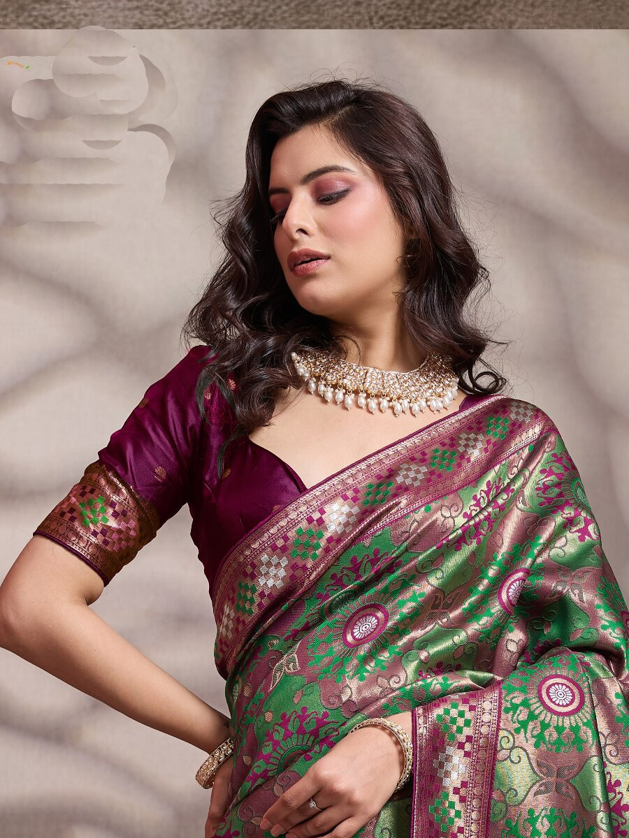 Green Soft Silk Zari Meenakari Woven Work Wedding Reception Party Festival Casual Heavy Border Sarees
