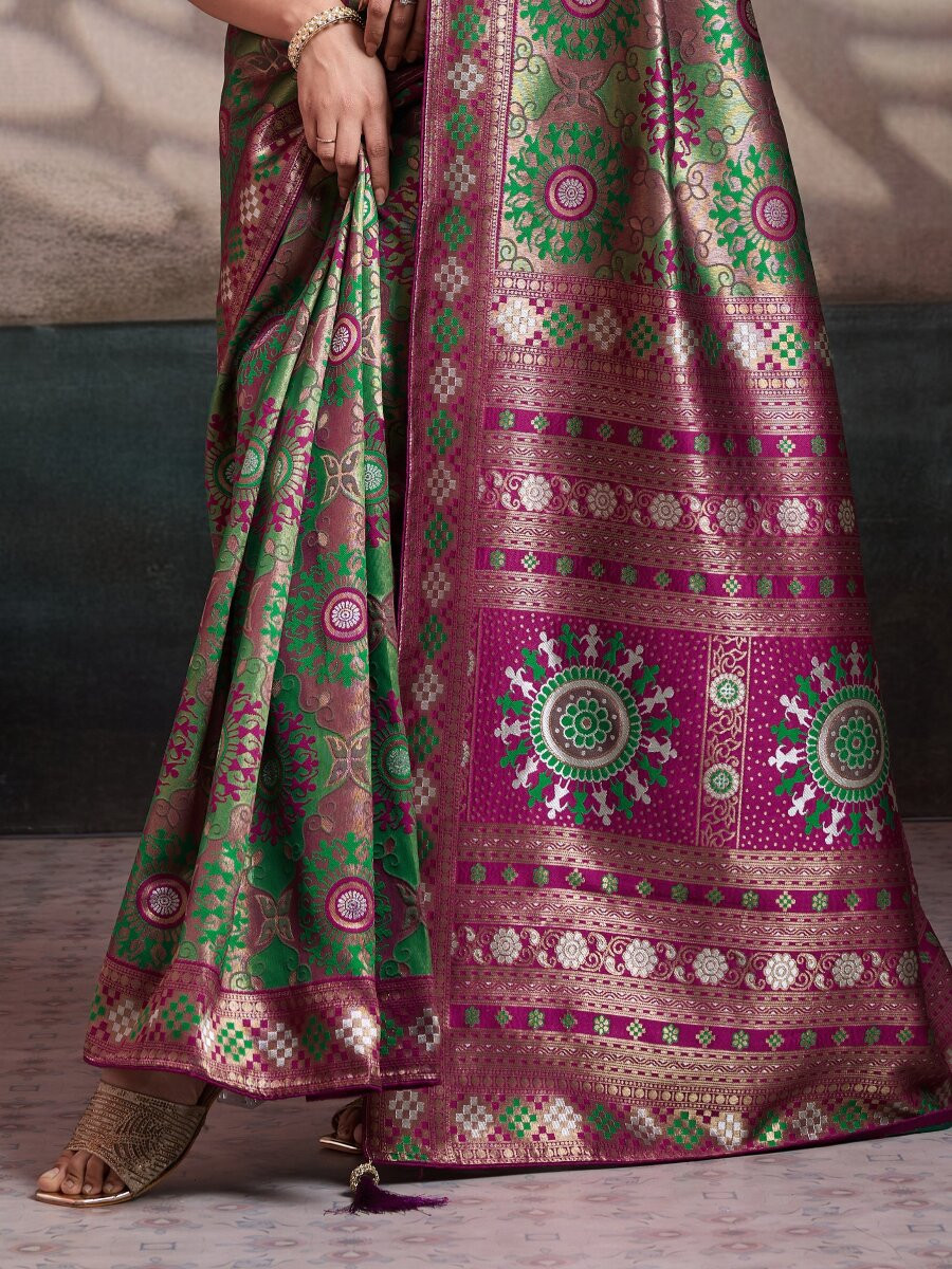 Green Soft Silk Zari Meenakari Woven Work Wedding Reception Party Festival Casual Heavy Border Sarees