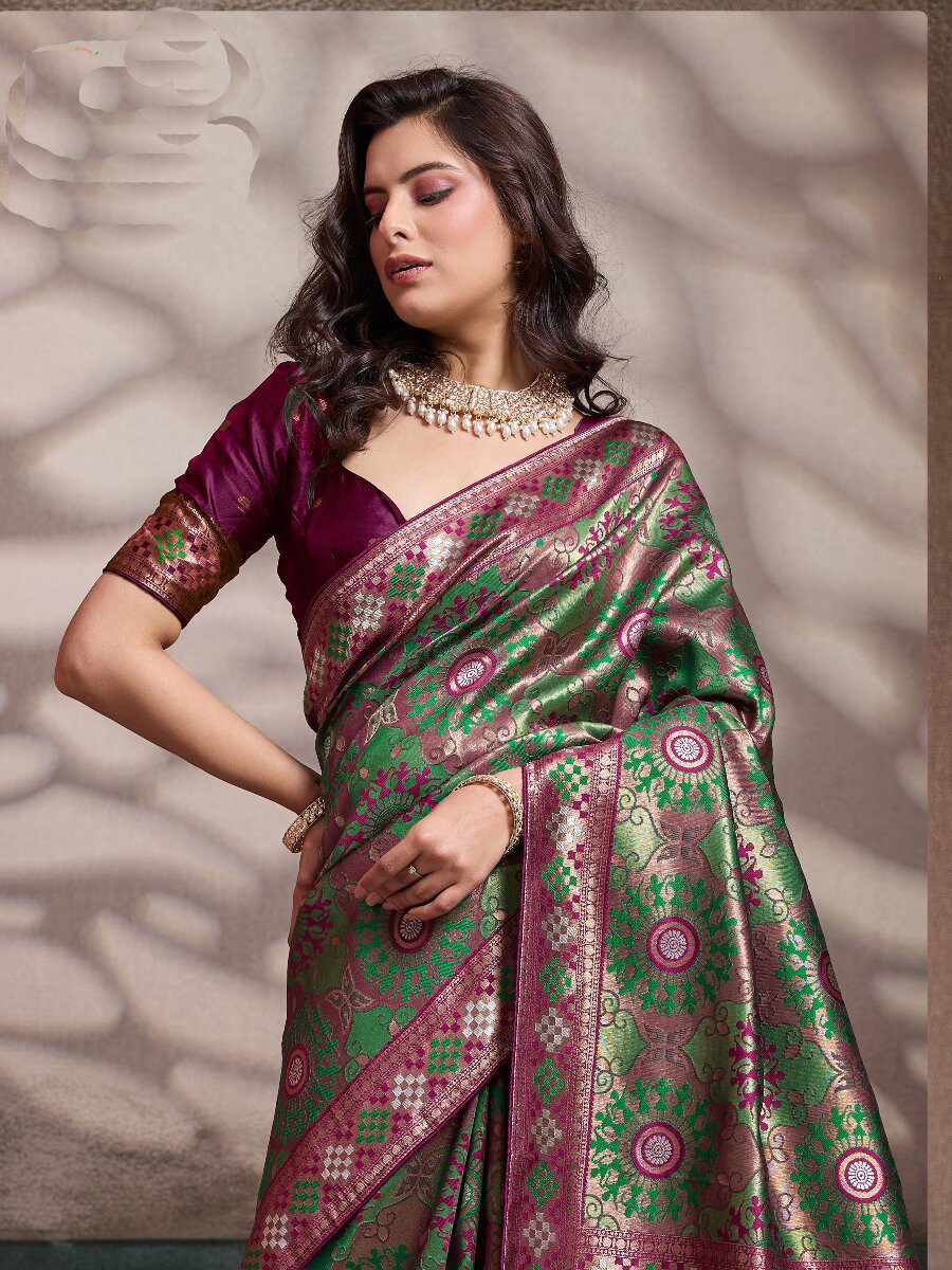Green Soft Silk Zari Meenakari Woven Work Wedding Reception Party Festival Casual Heavy Border Sarees
