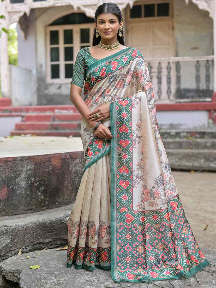 Green Soft Tussar Silk Printed Casual Festival Contemporary Saree