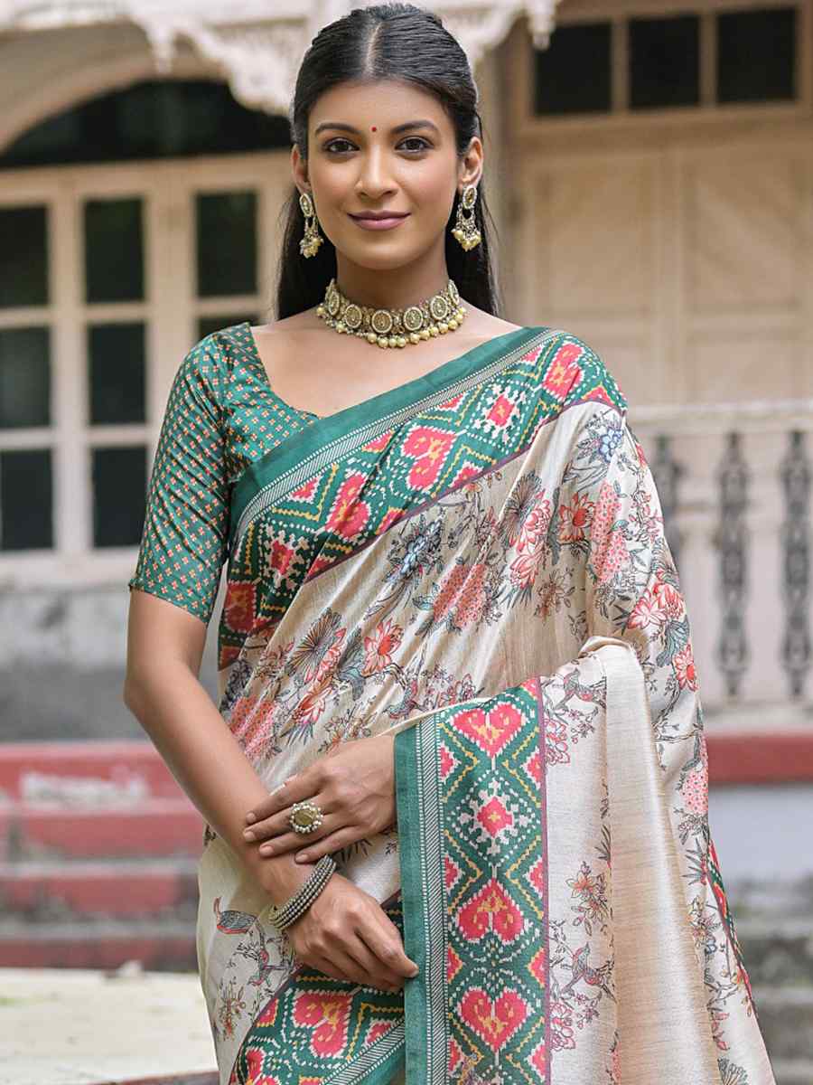 Green Soft Tussar Silk Printed Casual Festival Contemporary Saree