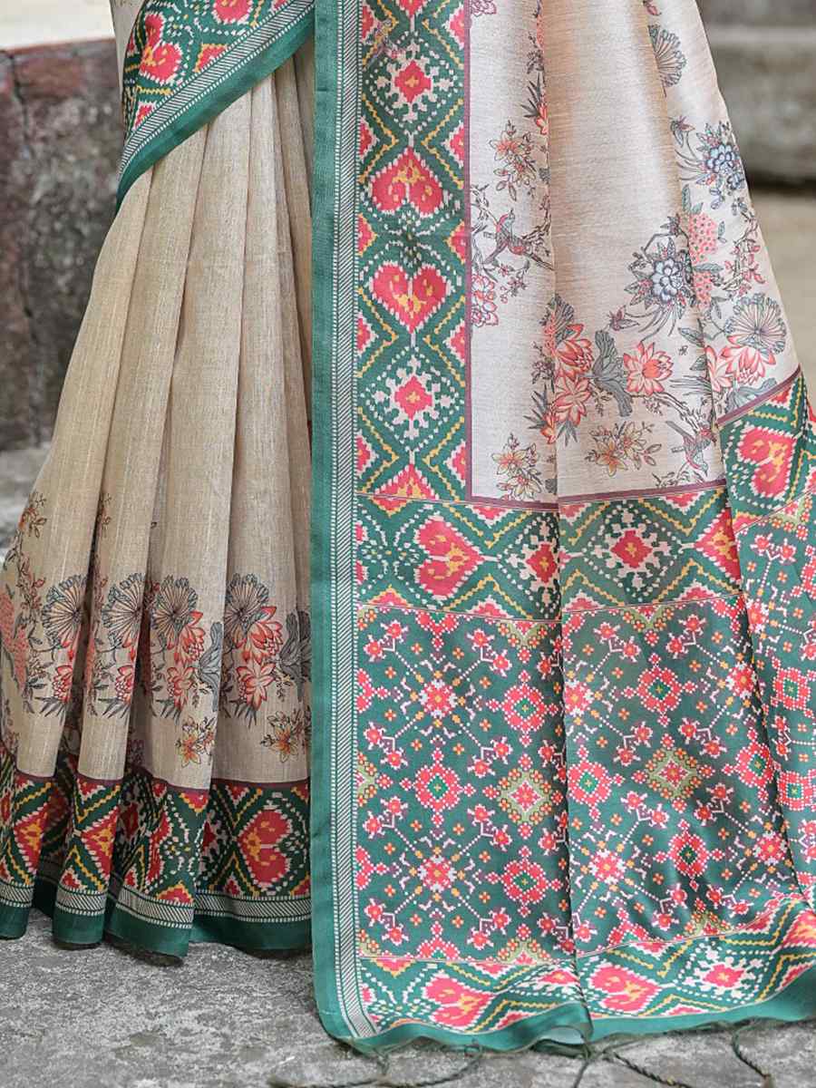 Green Soft Tussar Silk Printed Casual Festival Contemporary Saree