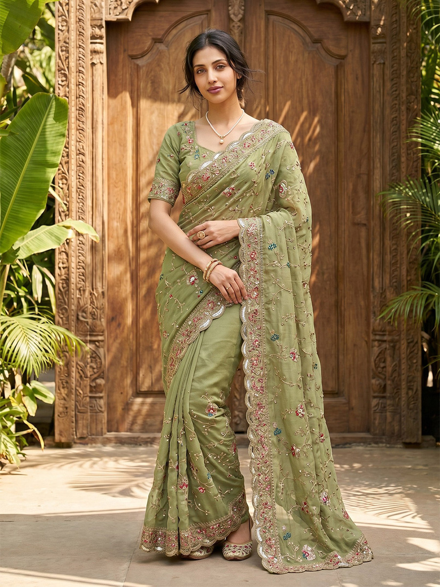 Green Star Georgette Embroidery Sequins Wedding Reception Party Festival Casual Heavy Border Sarees
