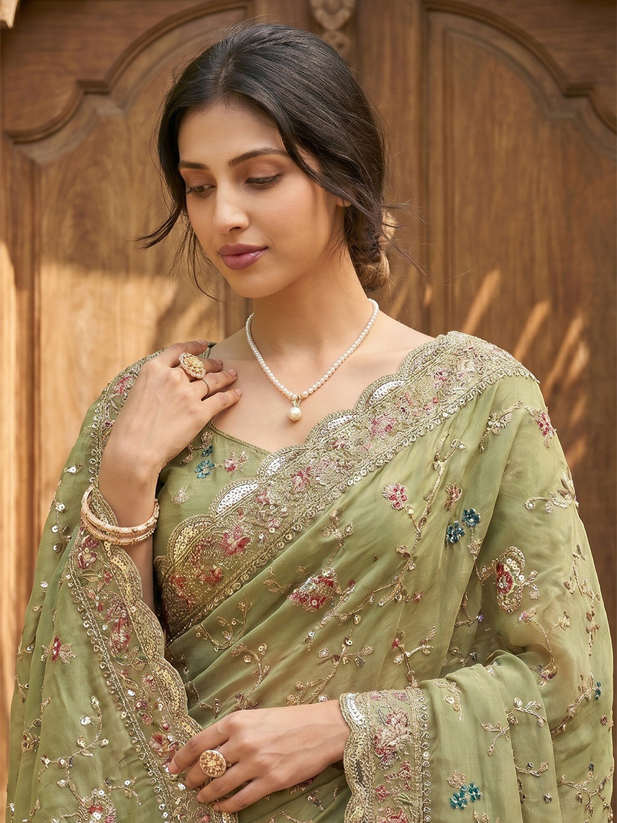 Green Star Georgette Embroidery Sequins Wedding Reception Party Festival Casual Heavy Border Sarees