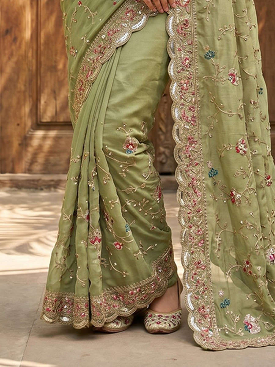 Green Star Georgette Embroidery Sequins Wedding Reception Party Festival Casual Heavy Border Sarees
