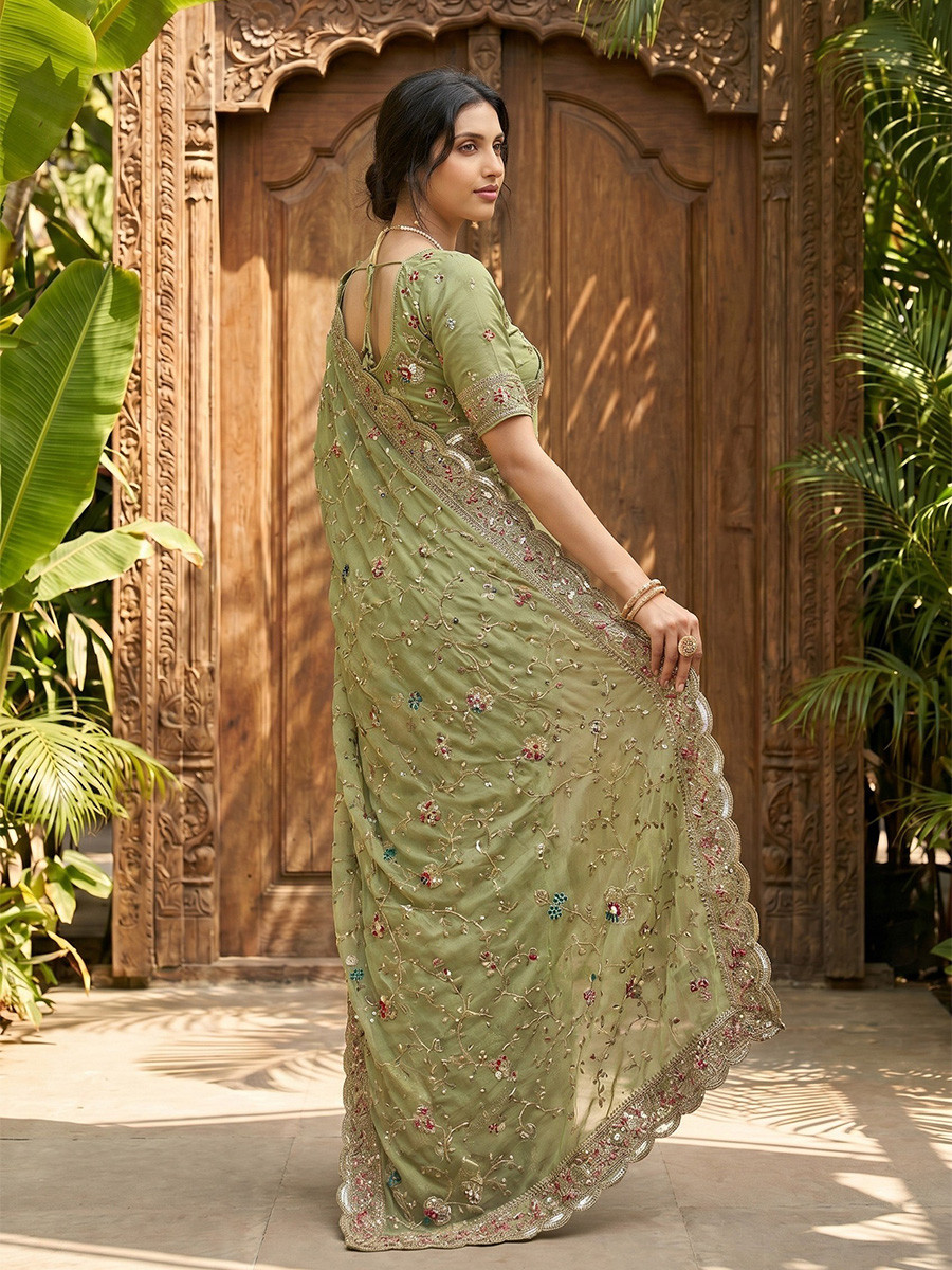 Green Star Georgette Embroidery Sequins Wedding Reception Party Festival Casual Heavy Border Sarees