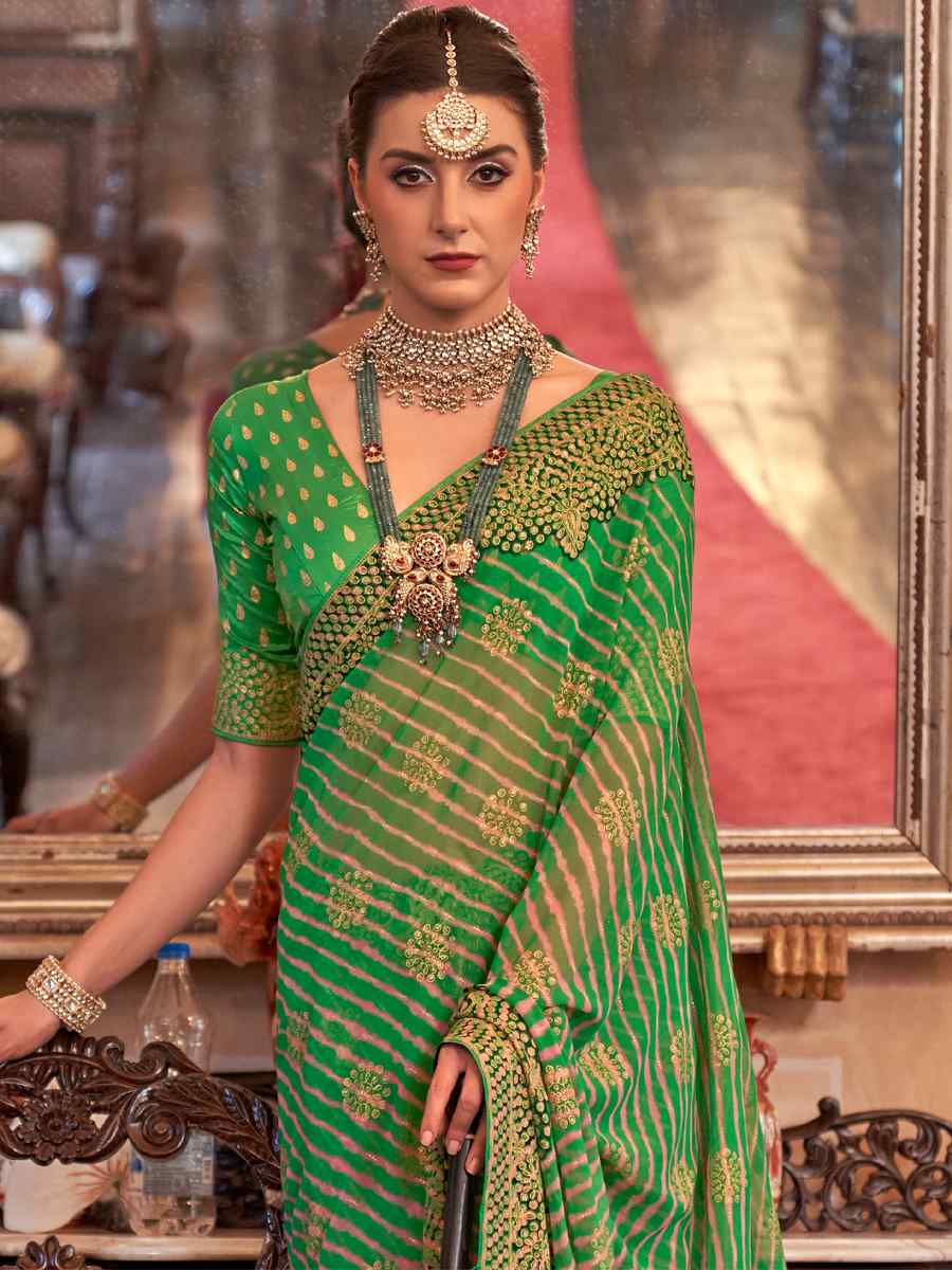 Green Super Georgette Handwoven Party Festival Heavy Border Saree
