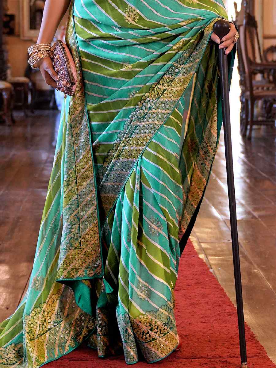 Green Super Georgette Handwoven Party Festival Heavy Border Saree