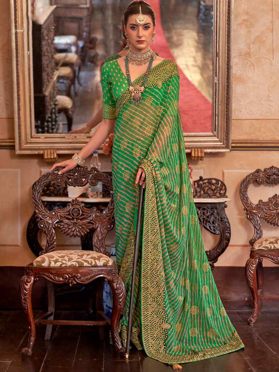 Green Super Georgette Handwoven Party Festival Heavy Border Saree
