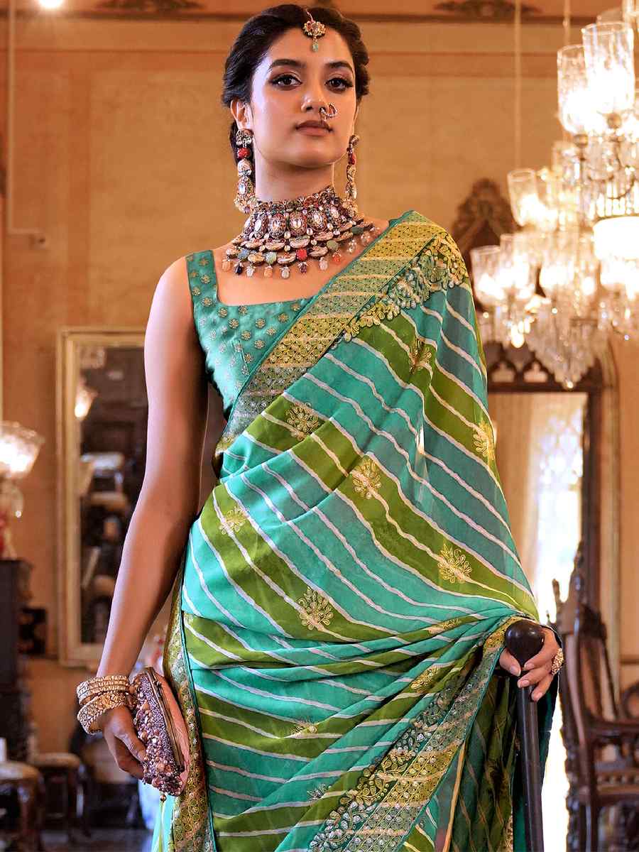 Green Super Georgette Handwoven Party Festival Heavy Border Saree