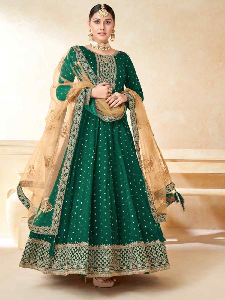 Green Tafeta Butti Embroidered Wedding Festival Anarkali Salwar Kameez