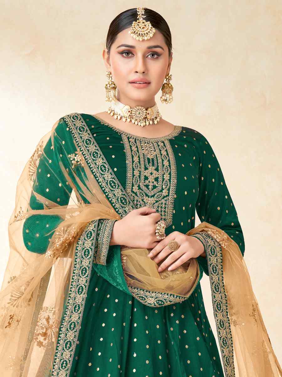 Green Tafeta Butti Embroidered Wedding Festival Anarkali Salwar Kameez
