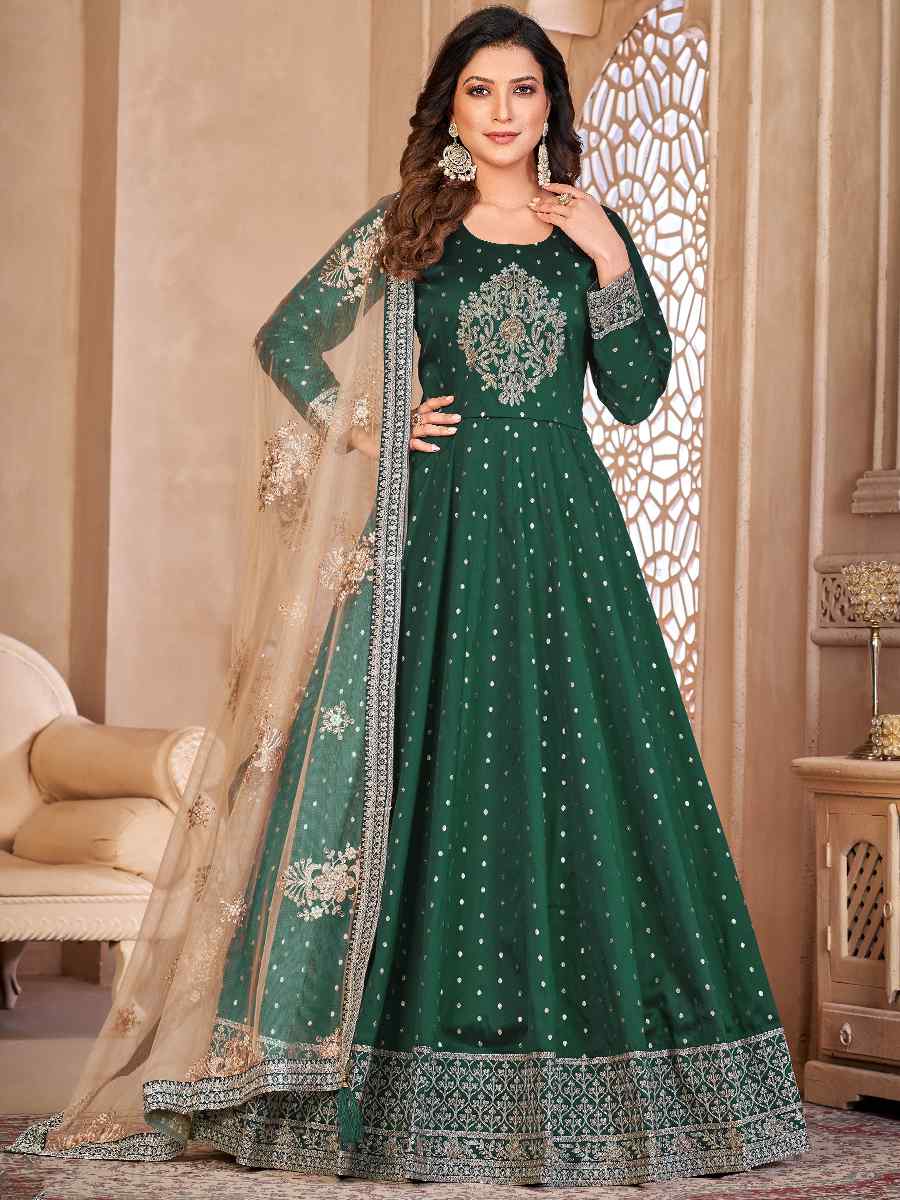 Green Taffeta Butti Embroidered Party Wedding Anarkali Salwar Kameez