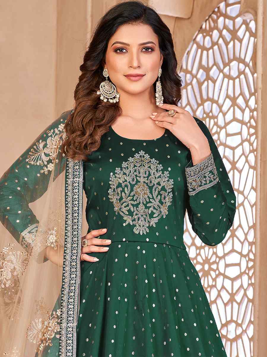 Green Taffeta Butti Embroidered Party Wedding Anarkali Salwar Kameez