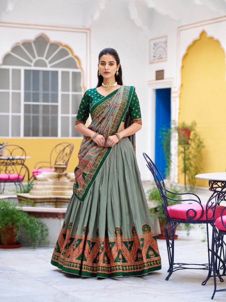 Image of Green Tasar Silk Tasar Silk Lace Work Wedding Reception Party Festival Heavy Border Lehenga Choli