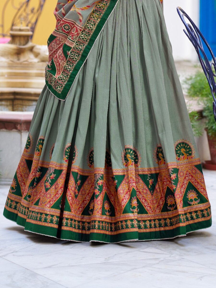 Green Tasar Silk Tasar Silk Lace Work Wedding Reception Party Festival Heavy Border Lehenga Choli