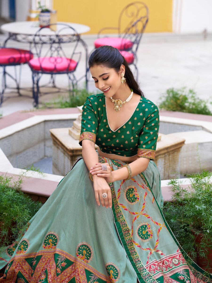Green Tasar Silk Tasar Silk Lace Work Wedding Reception Party Festival Heavy Border Lehenga Choli