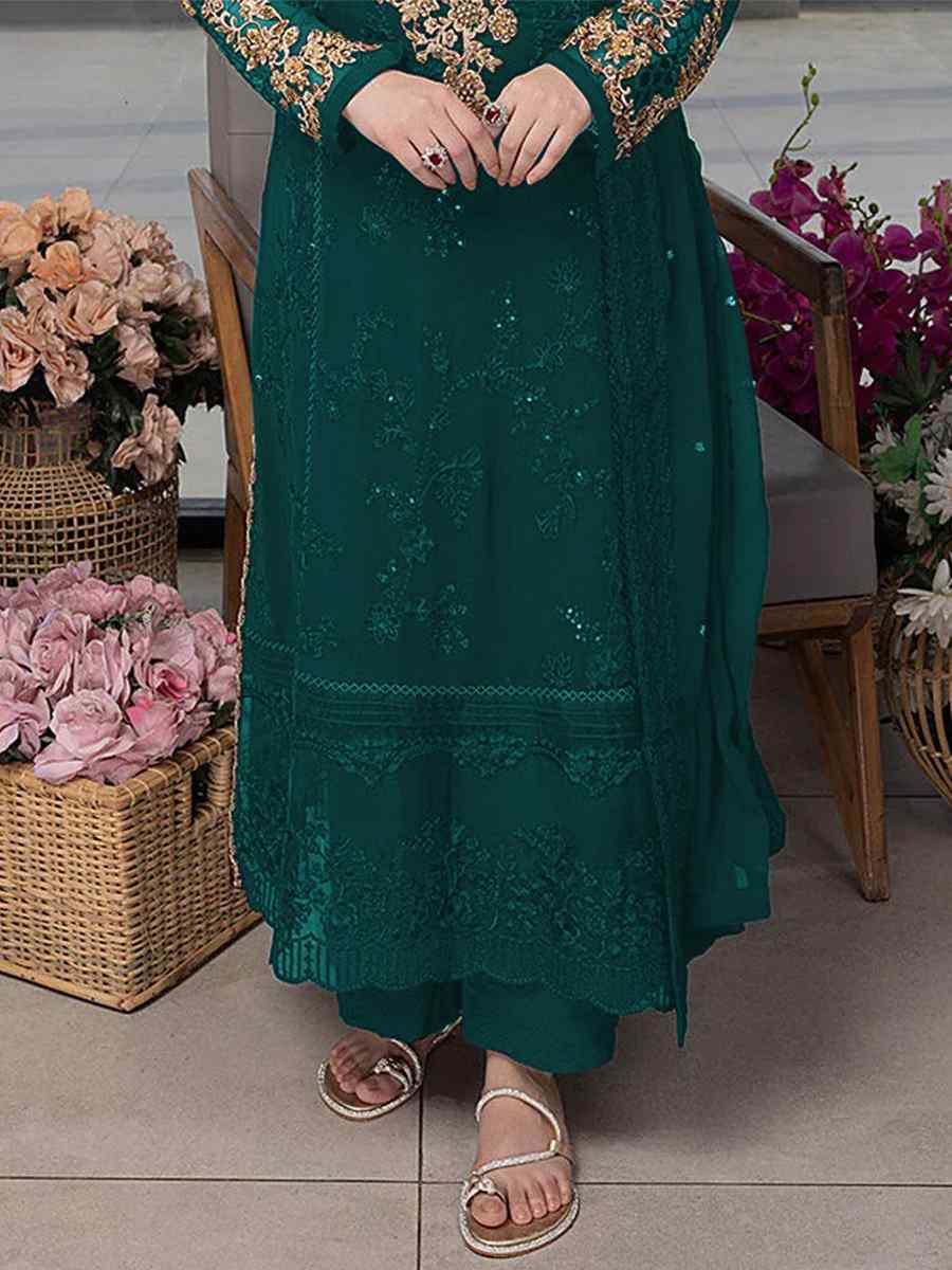 Green Teal Heavy Faux Georgette Embroidered Festival Wedding Pant Salwar Kameez