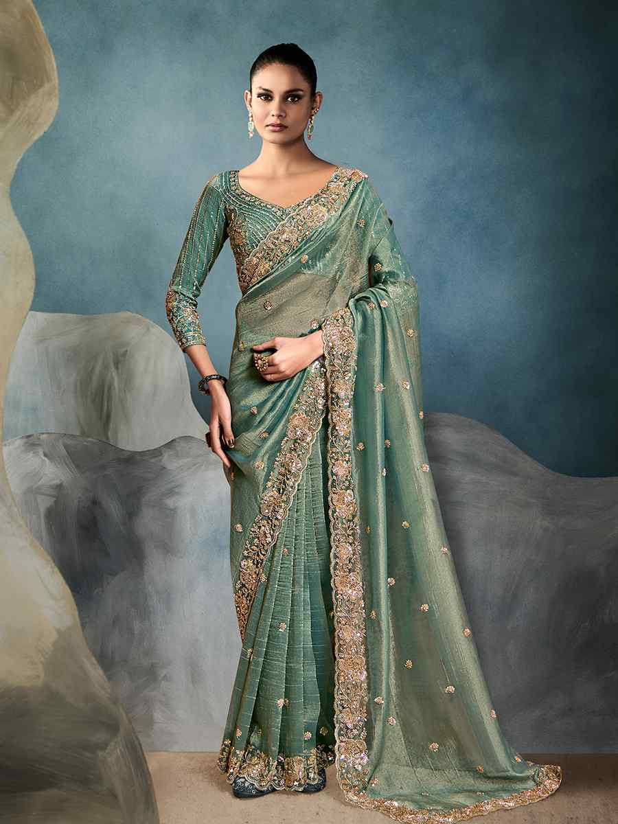 Green Tissue Embroidered Festival Wedding Fancy Heavy Border Saree