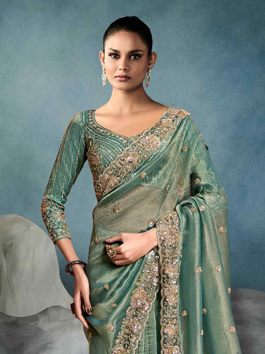 Green Tissue Embroidered Festival Wedding Fancy Heavy Border Saree