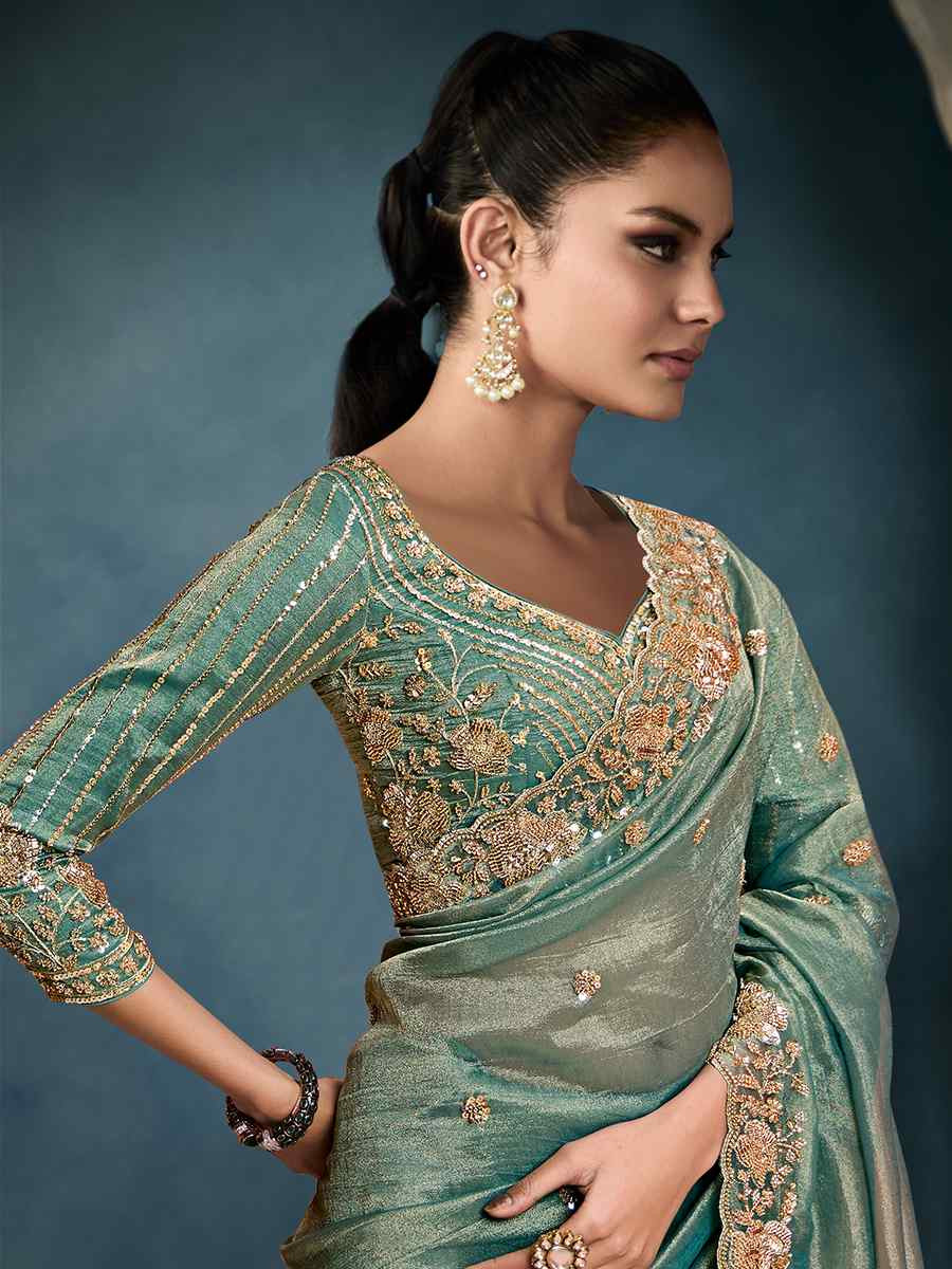 Green Tissue Embroidered Festival Wedding Fancy Heavy Border Saree