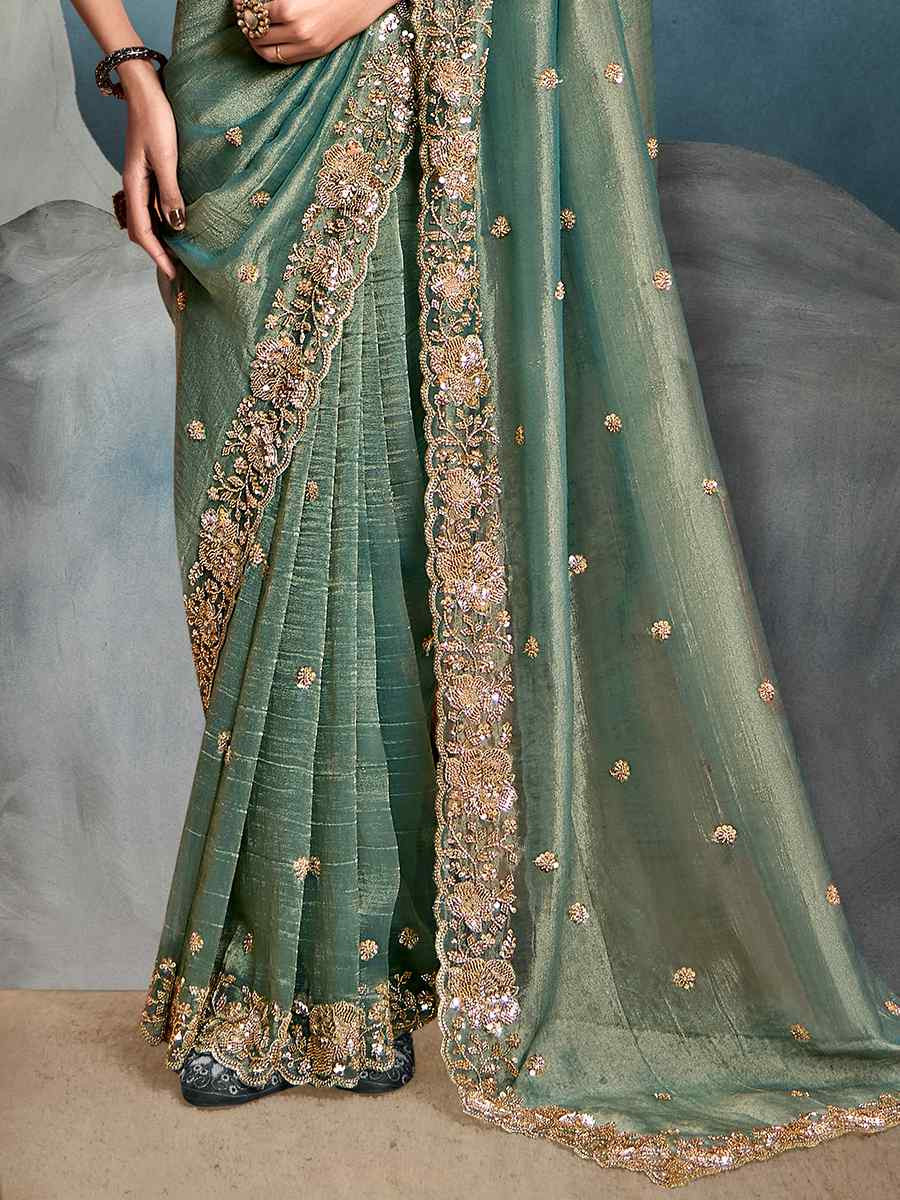 Green Tissue Embroidered Festival Wedding Fancy Heavy Border Saree