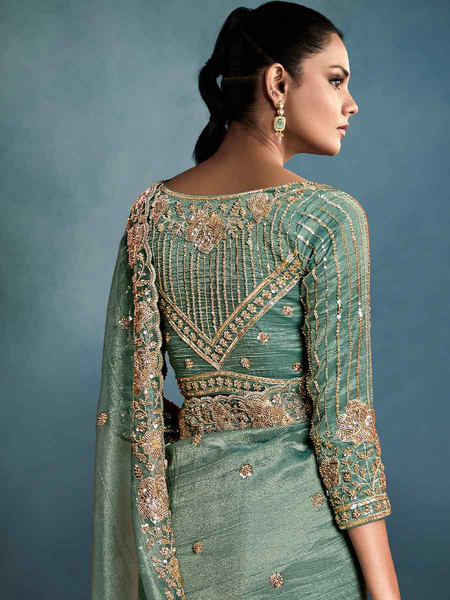 Green Tissue Embroidered Festival Wedding Fancy Heavy Border Saree