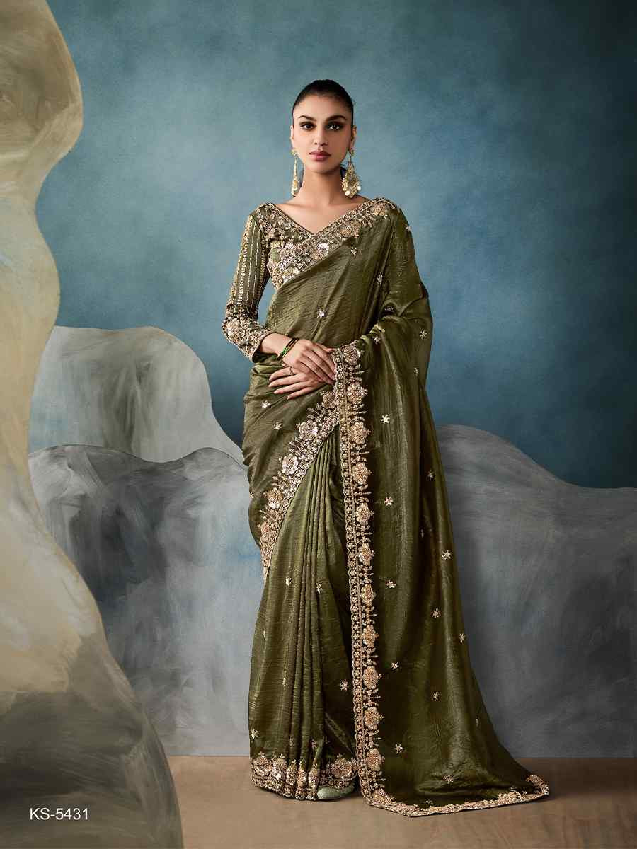 Green Tissue Embroidered Festival Wedding Fancy Heavy Border Saree