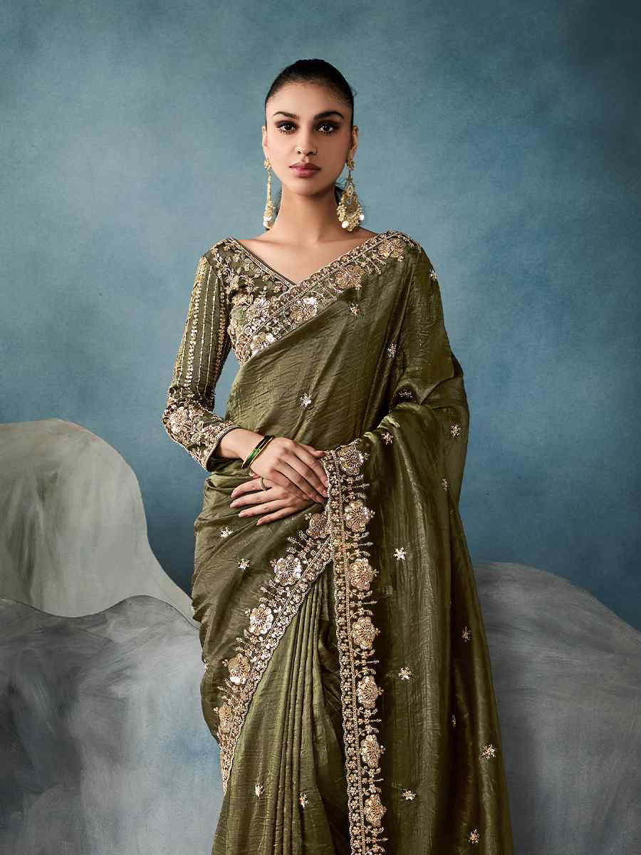 Green Tissue Embroidered Festival Wedding Fancy Heavy Border Saree