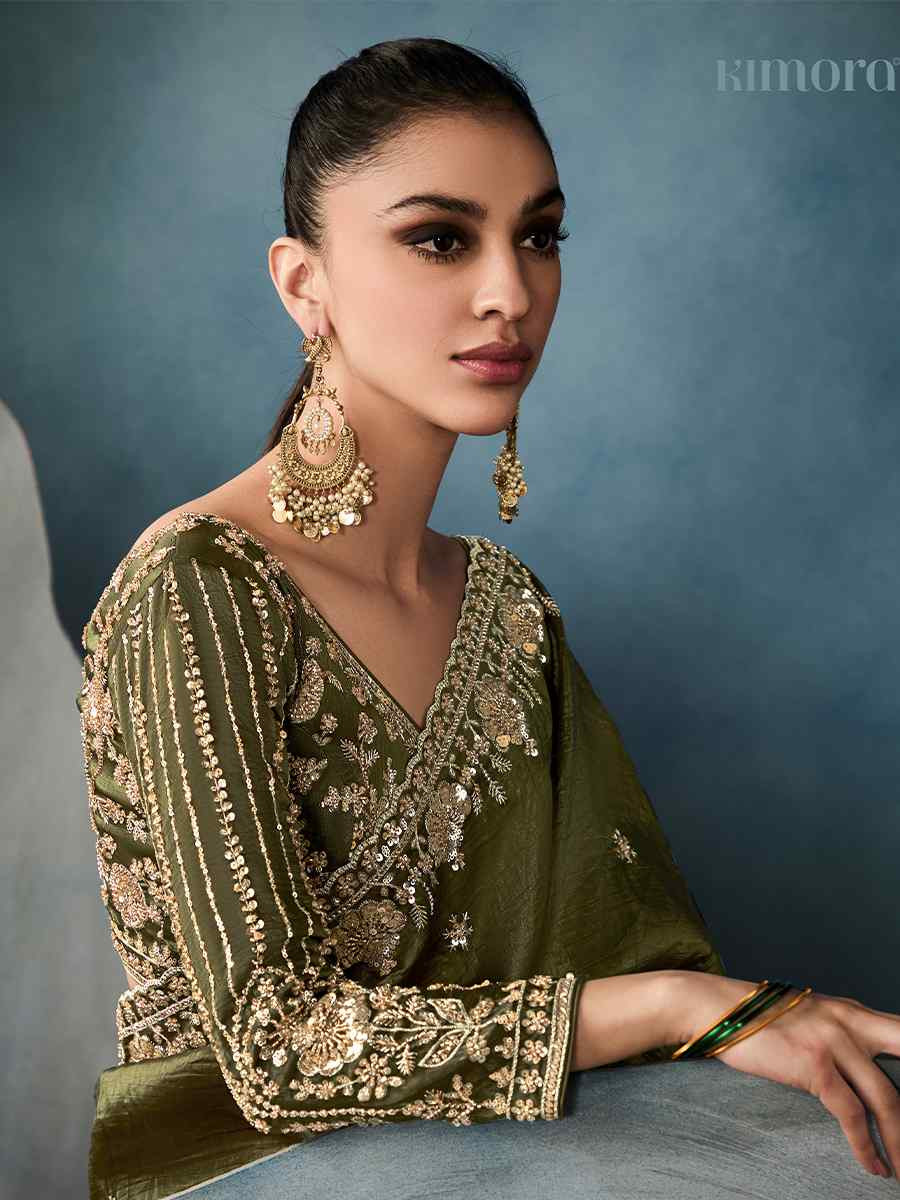 Green Tissue Embroidered Festival Wedding Fancy Heavy Border Saree