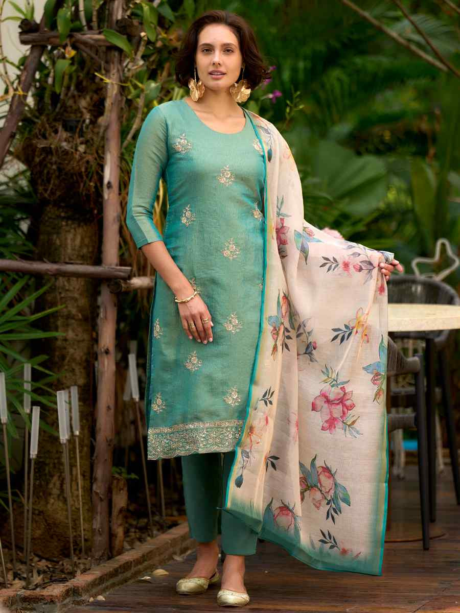 Green Tissue Embroidered Party Wedding Ready Pant Salwar Kameez