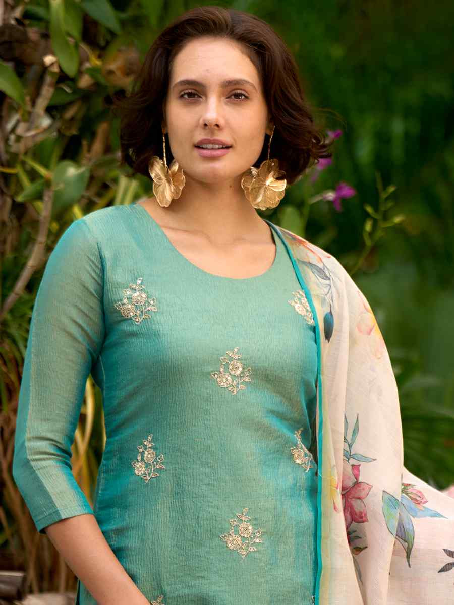 Green Tissue Embroidered Party Wedding Ready Pant Salwar Kameez