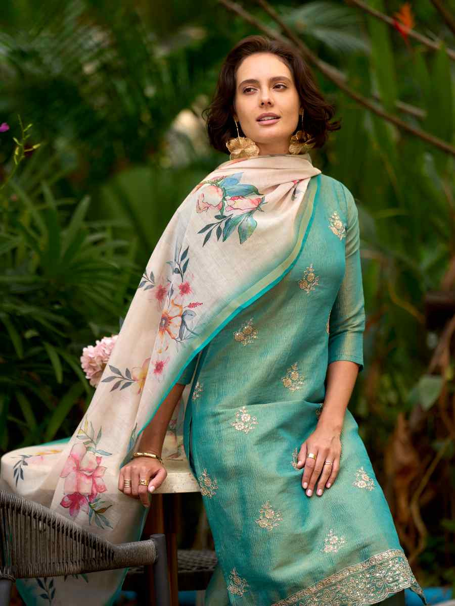 Green Tissue Embroidered Party Wedding Ready Pant Salwar Kameez