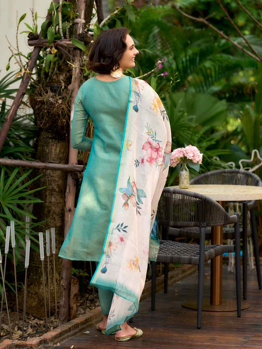 Green Tissue Embroidered Party Wedding Ready Pant Salwar Kameez