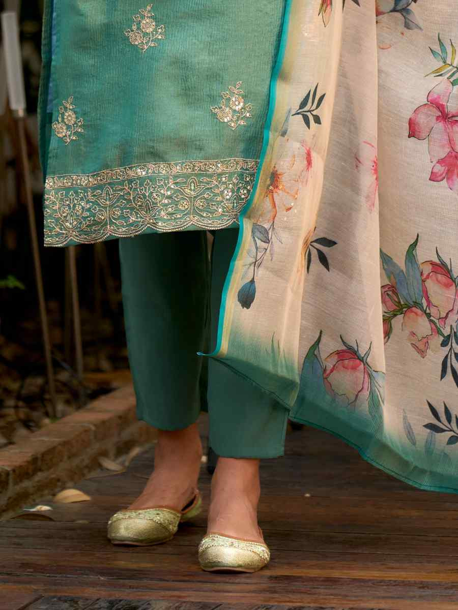 Green Tissue Embroidered Party Wedding Ready Pant Salwar Kameez
