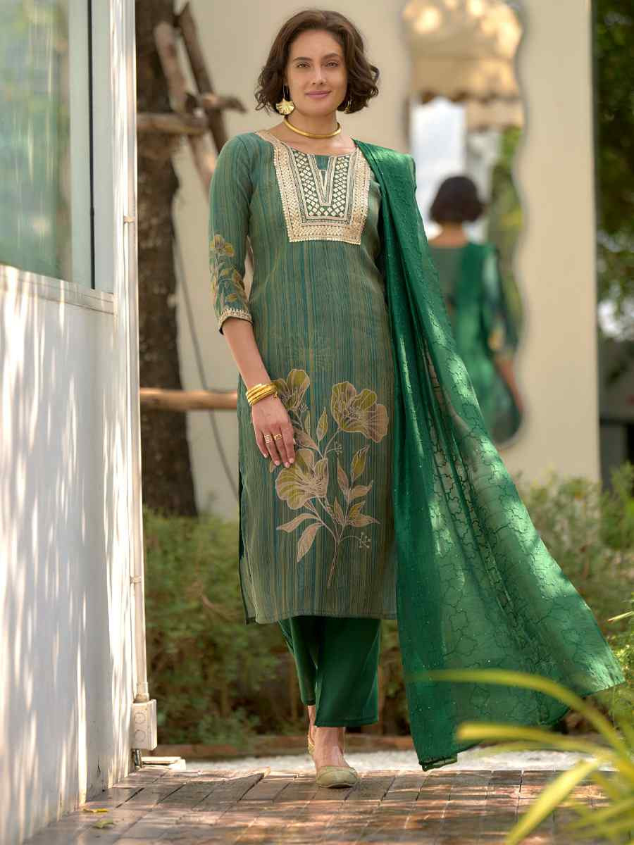 Green Tissue Embroidered Party Wedding Ready Pant Salwar Kameez