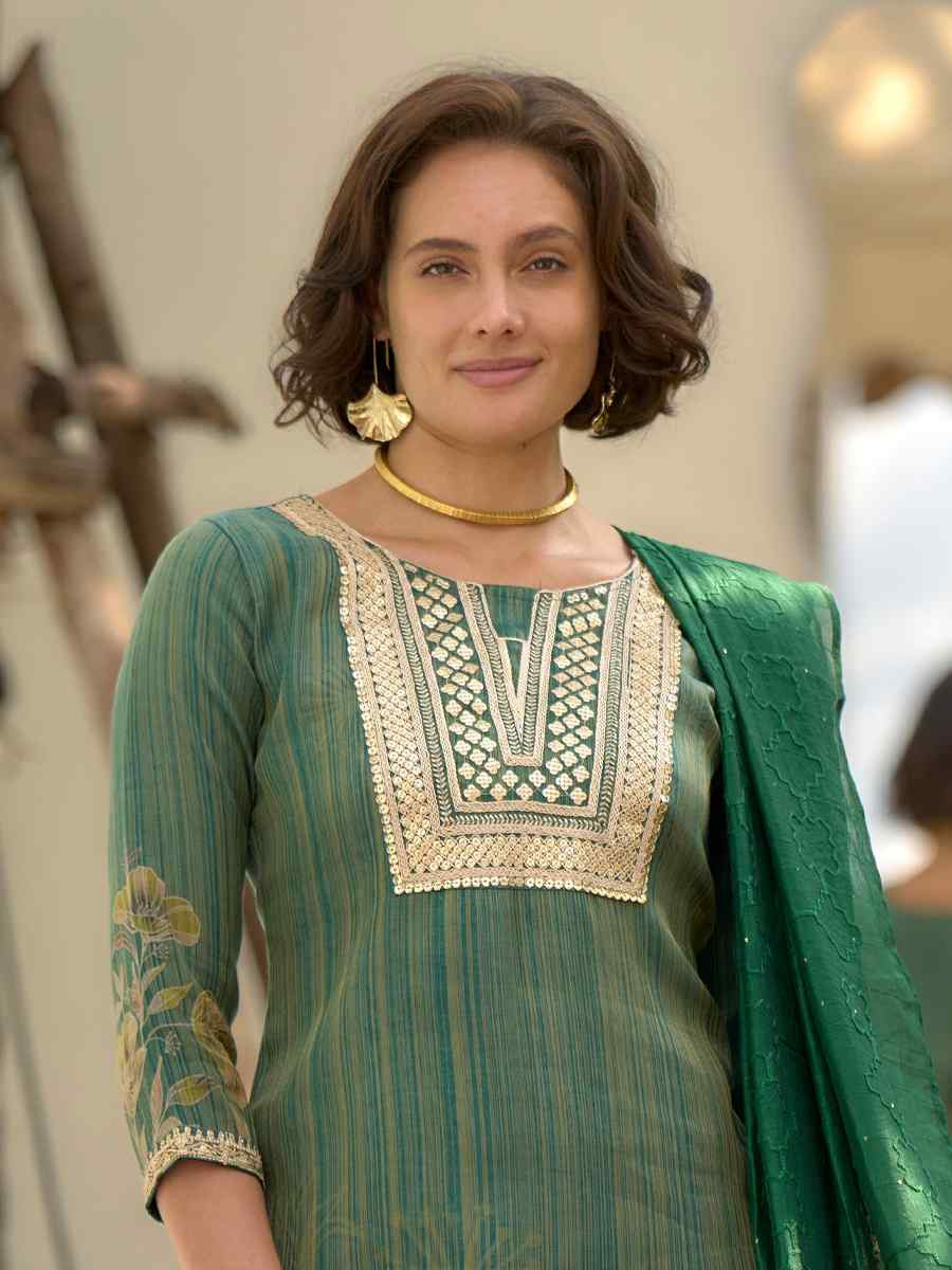 Green Tissue Embroidered Party Wedding Ready Pant Salwar Kameez