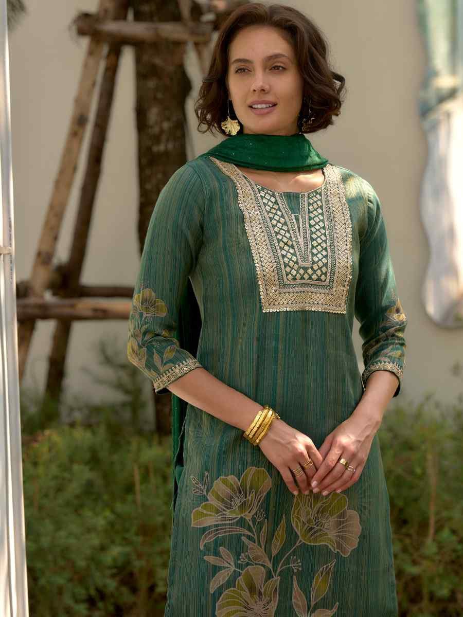 Green Tissue Embroidered Party Wedding Ready Pant Salwar Kameez