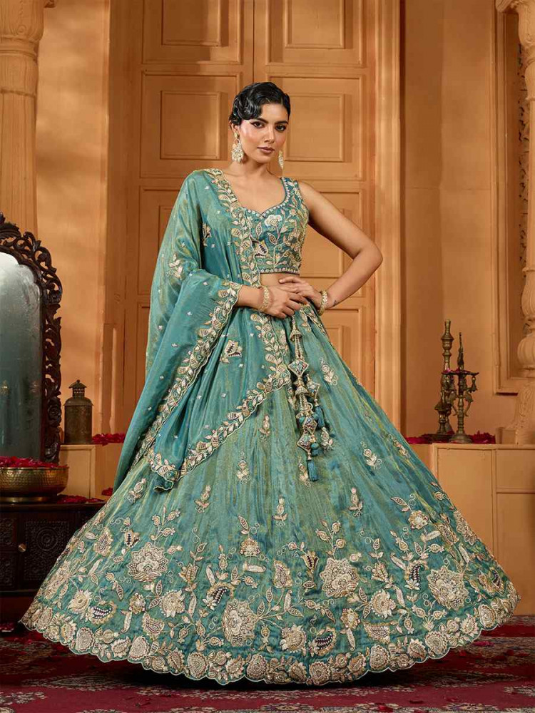 Image of Green Tissue Embroidered Wedding Reception Festival Heavy Border Lehenga Choli