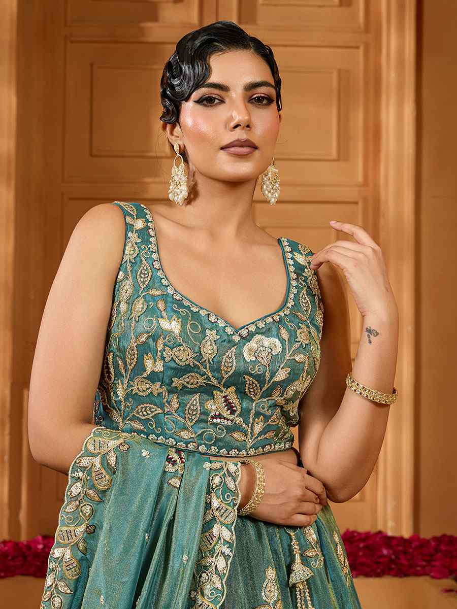 Green Tissue Embroidered Wedding Reception Festival Heavy Border Lehenga Choli