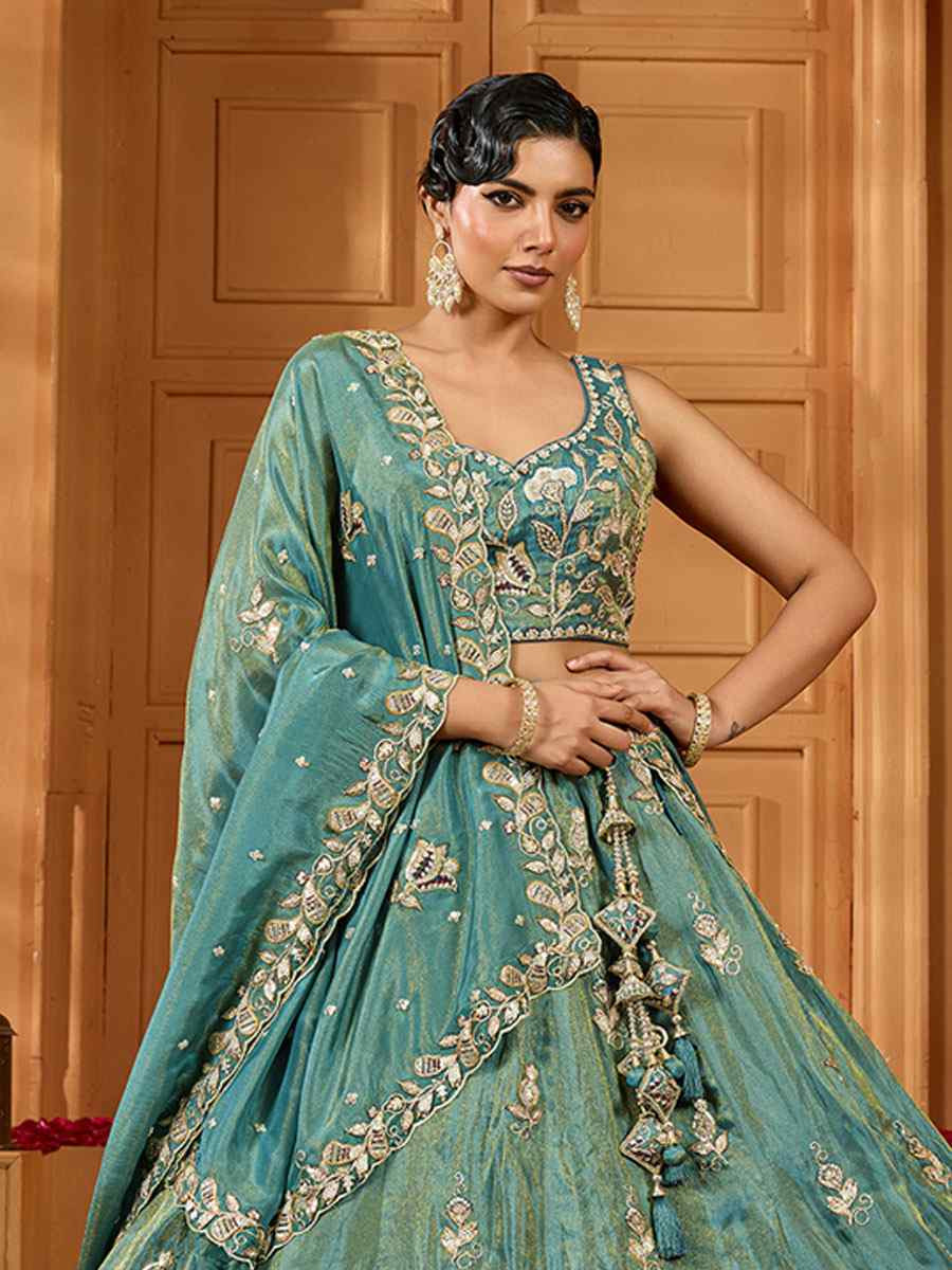 Green Tissue Embroidered Wedding Reception Festival Heavy Border Lehenga Choli