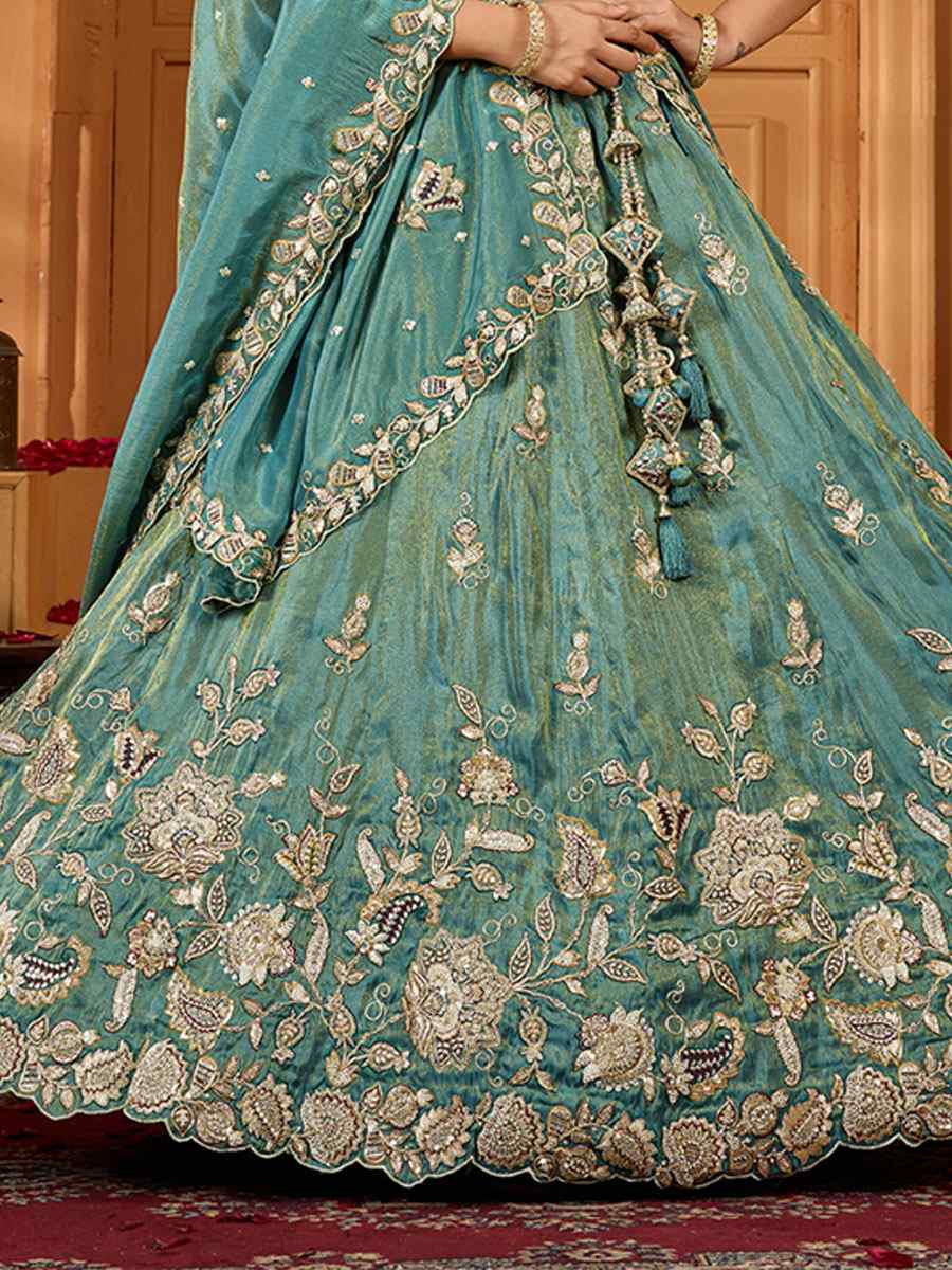 Green Tissue Embroidered Wedding Reception Festival Heavy Border Lehenga Choli