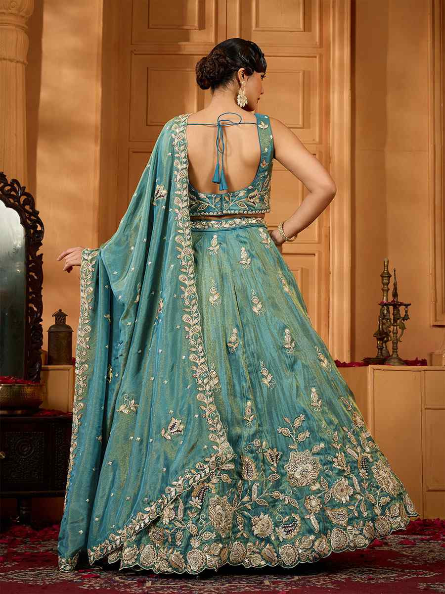 Green Tissue Embroidered Wedding Reception Festival Heavy Border Lehenga Choli